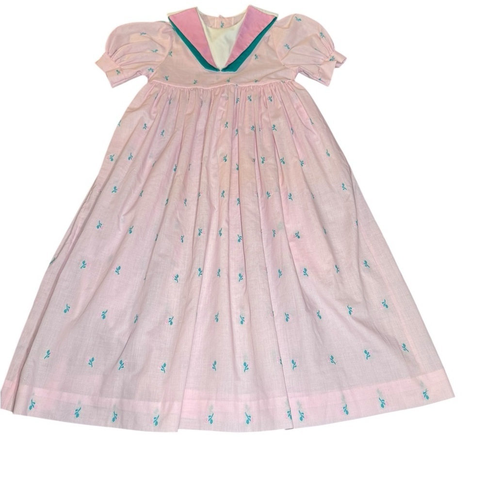 Pink and teal Vintage Girls Bib Floral Dress Cottage-core Retro